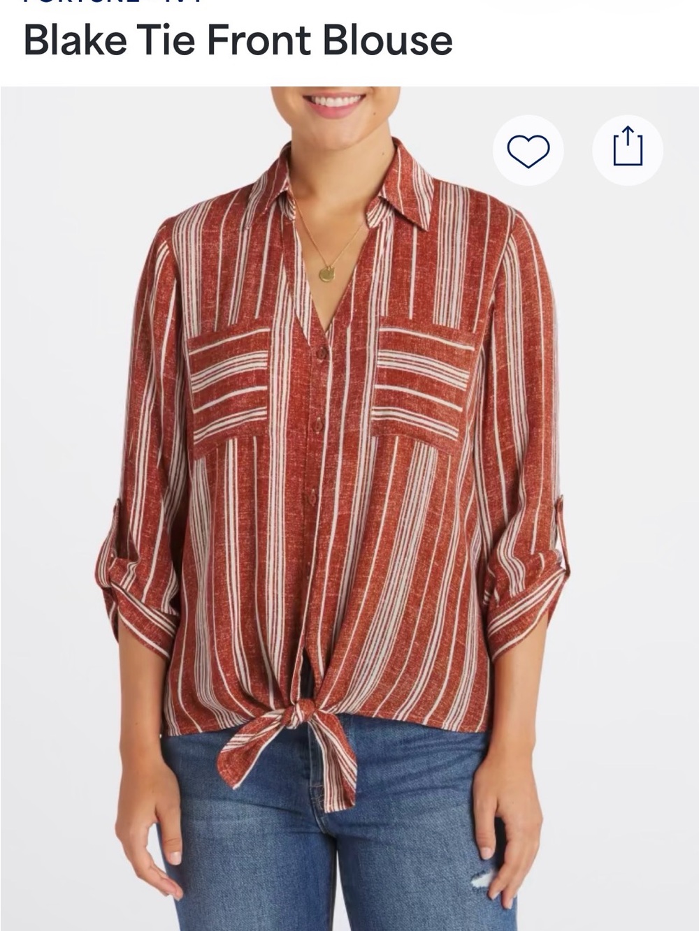 Fortune + Ivy Rust Stripe Button-Front Tie-Hem Shirt